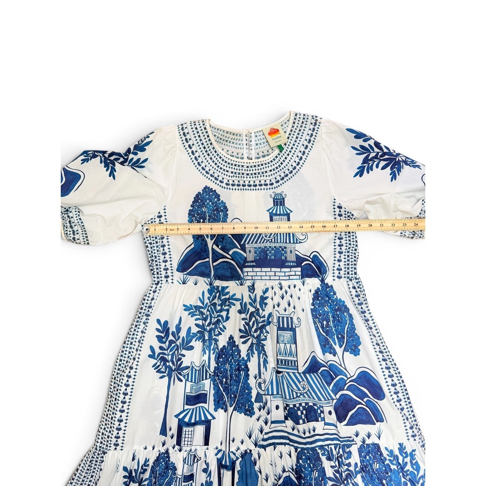 Farm Rio Ancient Garden Blue White Cotton Poplin Midi Dress L Cottagecore - Picture 8 of 13
